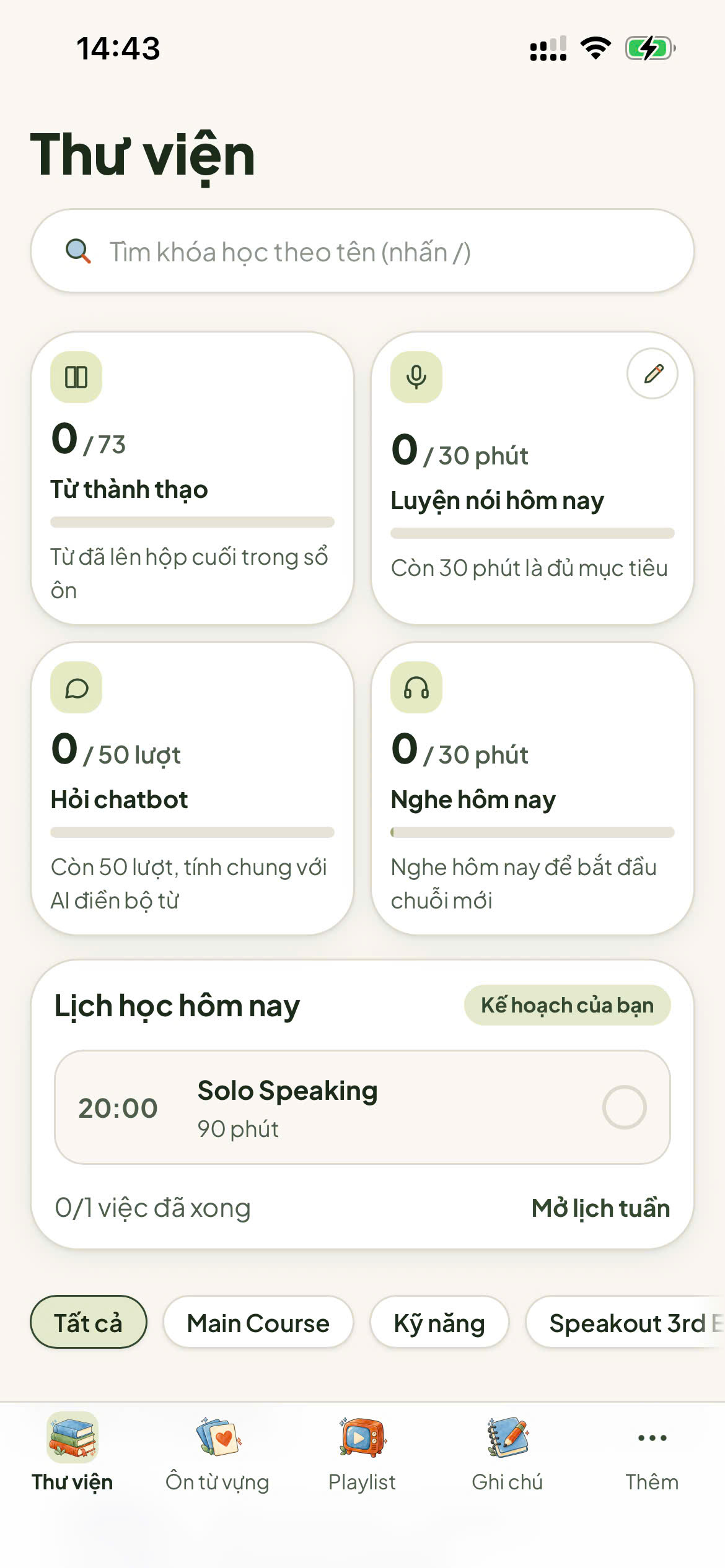 Tiến độ học từ, luyện nói, nghe và lịch học trên điện thoại